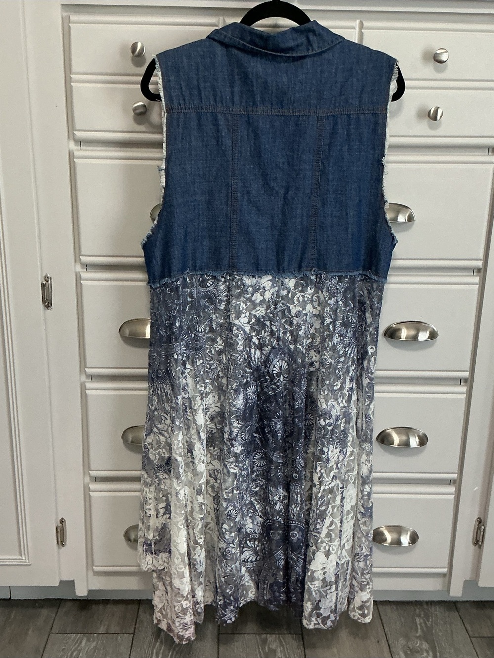 ORIGAMI by Vivian Denim and Lace Button Up Tunic Vest Duster Boho Chic L/XL - Picture 4 of 12